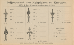 716350 Prijscourant van Hekpieken en Knoppen, geleverd door Osti & Co., Metaalhandel, Oudegracht 84-86 (‘Hertenhuis’) ...